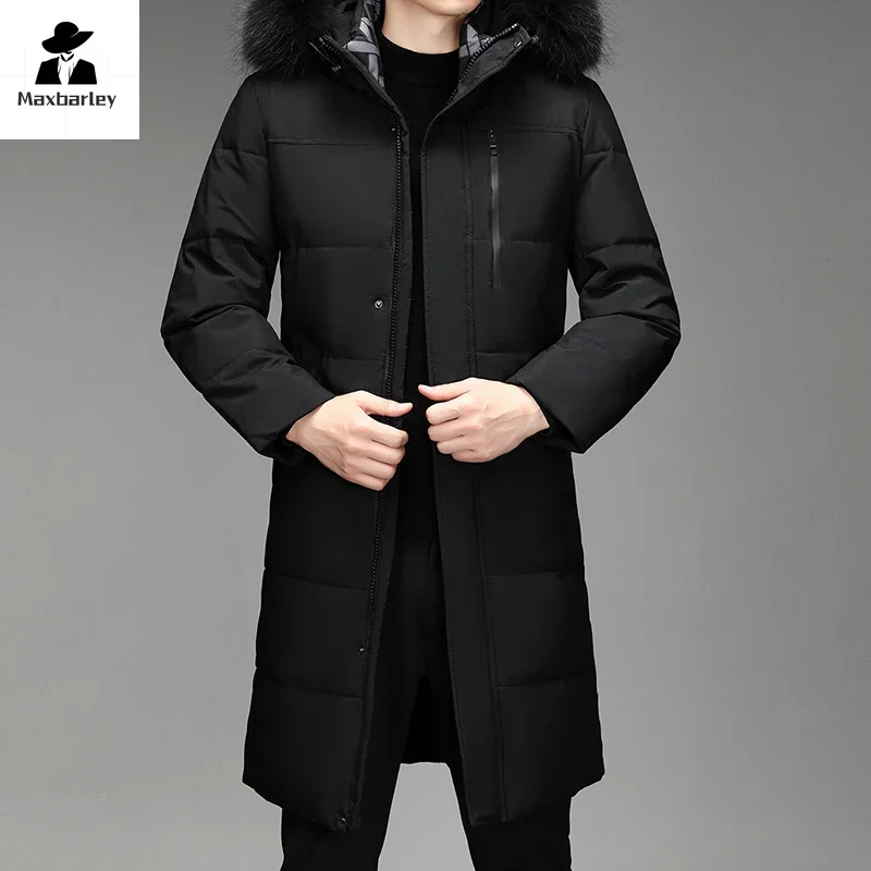 Winter Long Down Jacket Men\'s Extremely Cold Lightweight Fur Collar Windproof White Down Coat Luxury Men\'s Warm Hooded Coat 2024