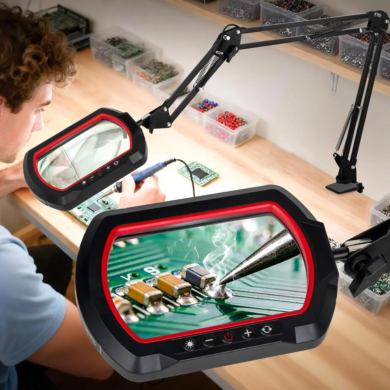 Lupa Cuadrada 12X con Luz LED y Abrazadera, Lámpara de Escritorio con Atenuación Gradual de 5 Colores para Manualidades, Reparaciones, Pintura - Rojo