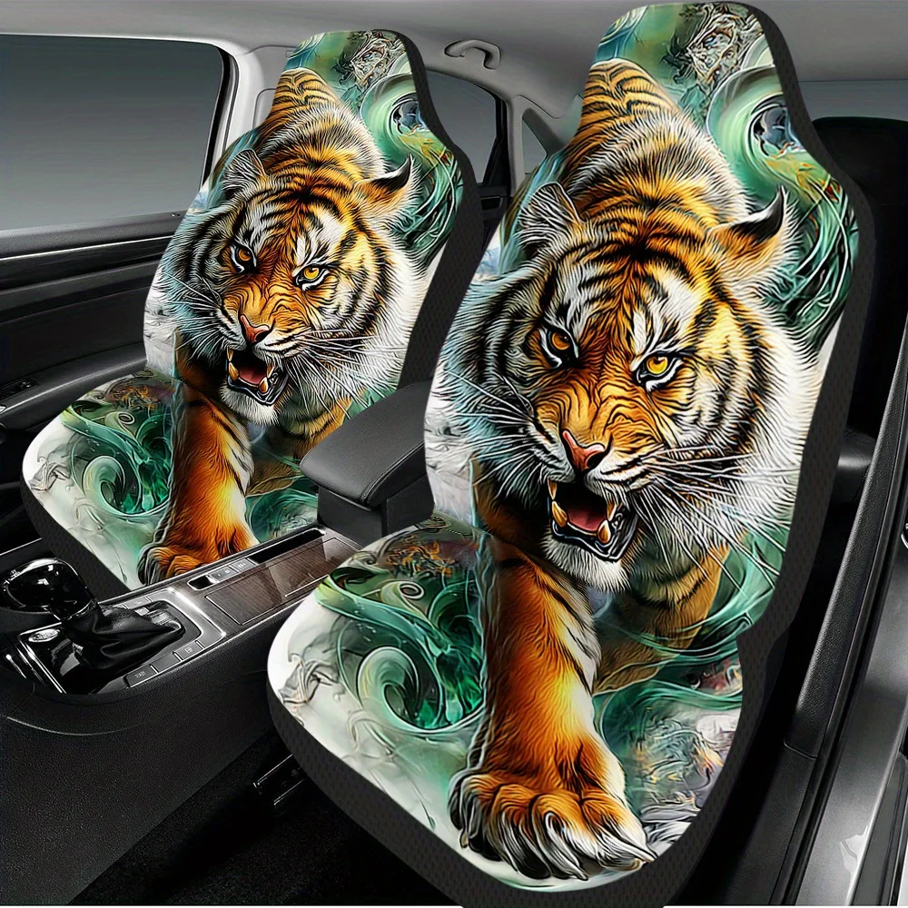 

Комплект из 2 чехлов для автомобильных сидений с динамичным тигровым принтом – универсальные защитные чехлы для передних сидений автомобилей, внедорожников и седанов, прочные.