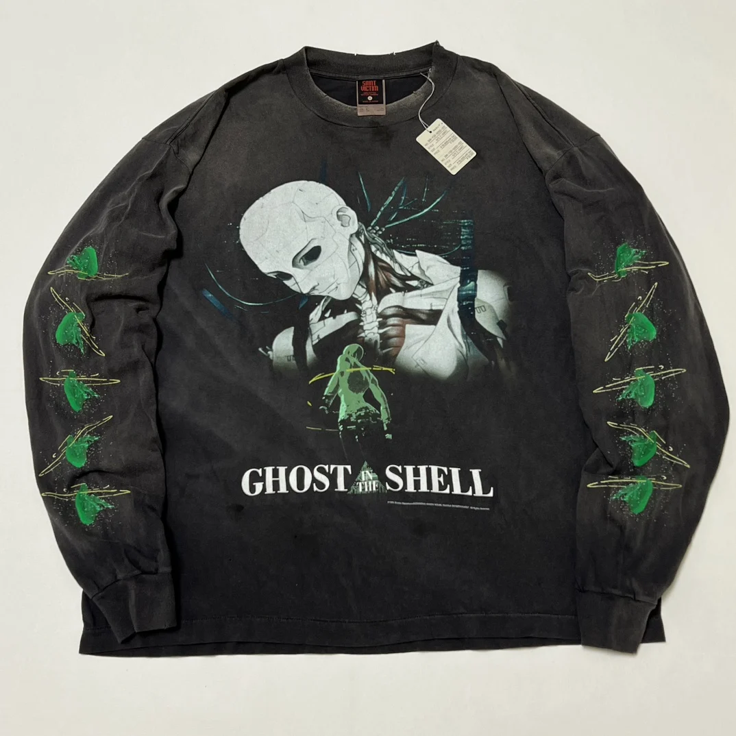

SAINT x Ghost Retro Ripped T shirts Women Men Long Sleeve Vintage Oversized Men Cotton T shirt