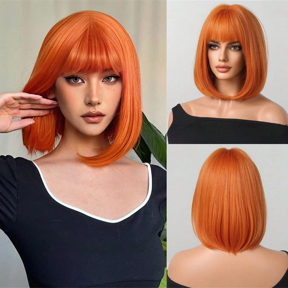 

Short Orange Bob Synthetic Women Orange Bangs Colorful Cosplay Party Heat Resistant Wigs