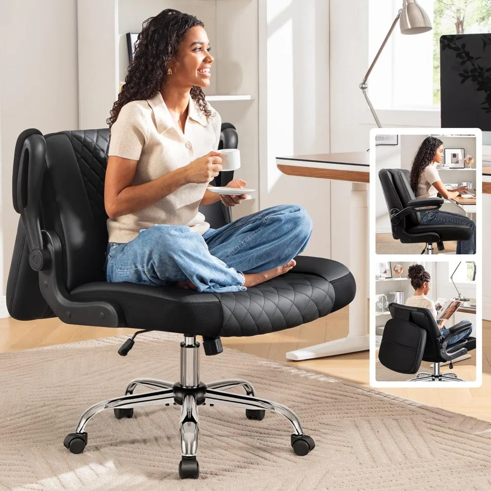 

Office Chair with 2-in-1 Flip Backrest, Adjustable Height, 360° Swivel & Flip-Up Arms,Ergonomic PU Leather Floor Sitting Chair