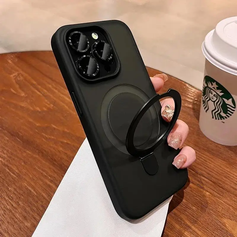 Matte Ring Holder Glass Lens Phone Case For iPhone 16 17 15 14 13 12 11 Pro Max For Magsafe Wireless Magnetic Hard Bumper Cover