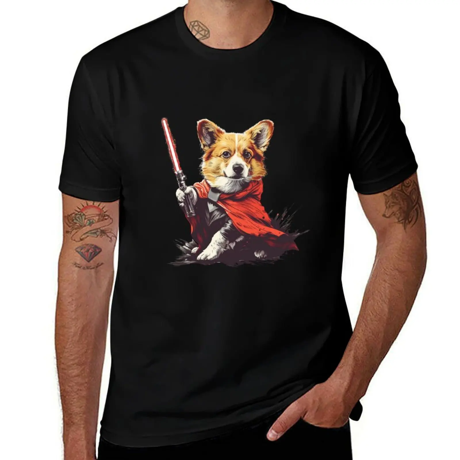Corgi Holding Lightsaber T-Shirt Minimalist Graphic Tee Shirt T-Shirt