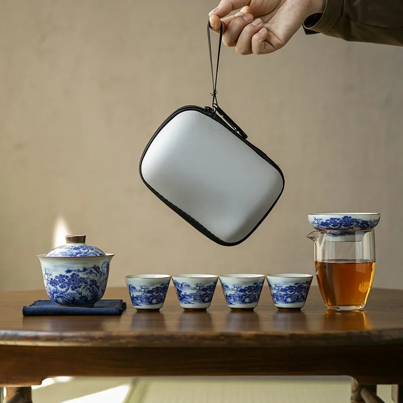 Colorful Designer Gaiwan Bowl Travel Tea Set One Pot Four Cups Quick Cup Landscape Portable Kung Fu Tea Set Gift Trend Porcelain