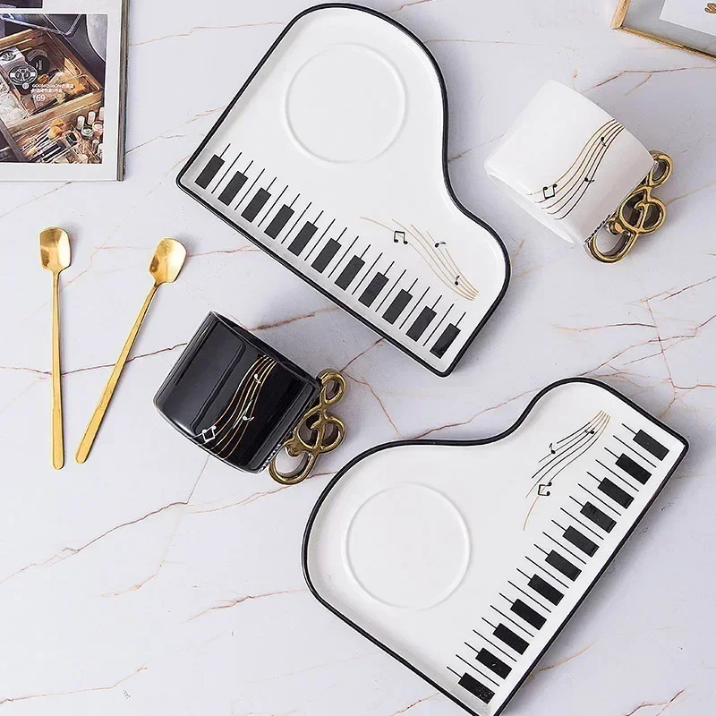 200ml Creative Piano Coffee Mugs with Plate Set Ceramic Mug Music Handle with Spoon Afternoon Tea Tableware Breakfast Milk Cup view 4