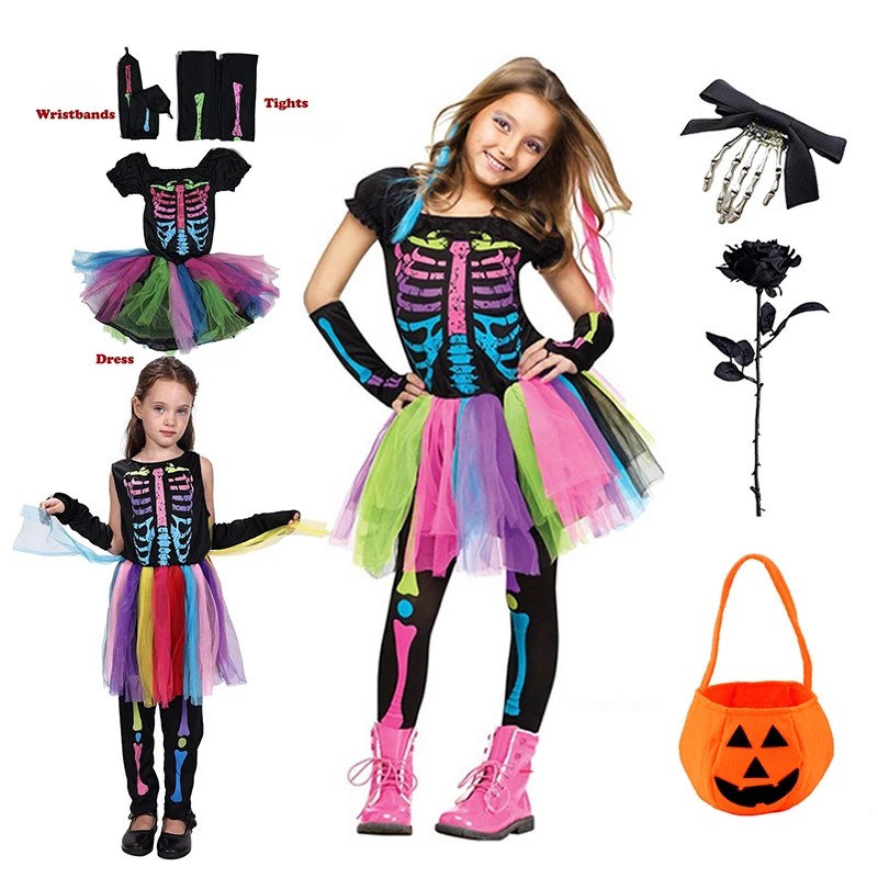 Girls Kids Halloween Colorful Skeleton Tutu Costume Set Short Sleeve Rainbow Tulle Dress For Trick Or Treat Cosplay Outfit