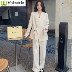 Loose Casual Irregular Jacket Jacket Blazer Wide Leg Pants Two-piece Set Fashion Women Cry Suit Office Outfits Clothings