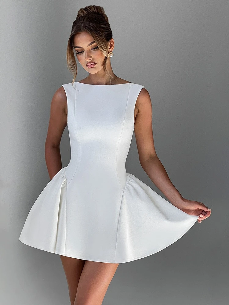 Sukienka na wesele i przyjęcia, bez rękawów, marszczona, w kształcie litery A, modna w 2025 roku, elegancka, z wysokim stanem, odkryte plecy, zapinana na zamek, tunika, krótka sukienka wieczorowa.