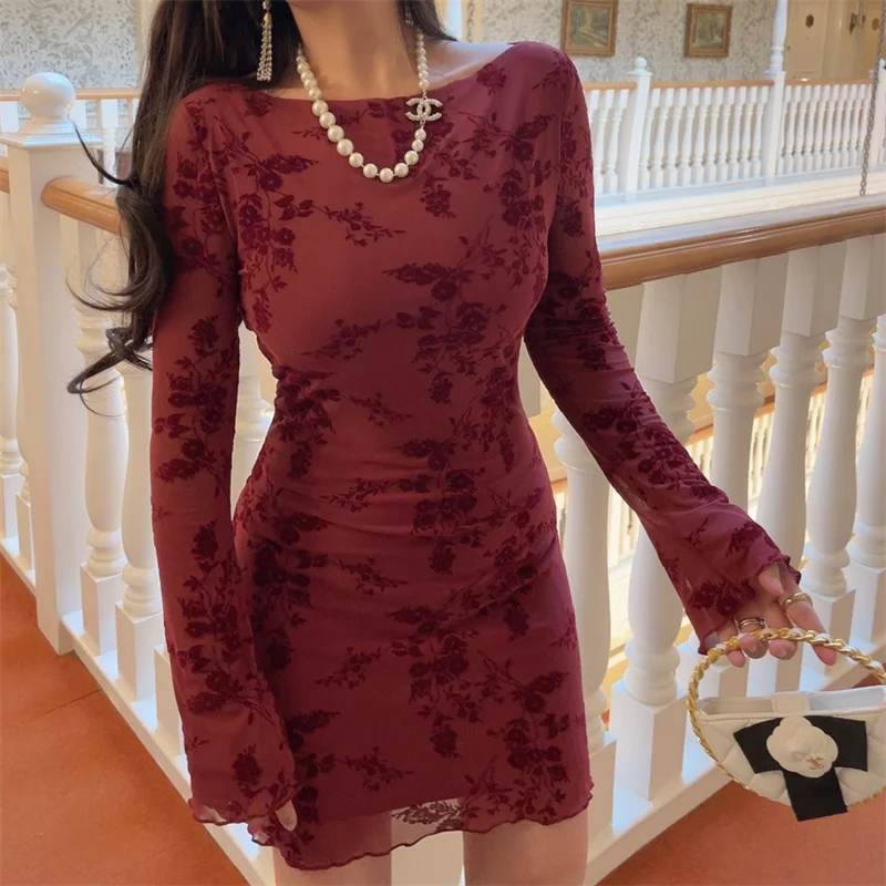 

Sexy Mesh Bell Sleeve Wrap Dress Casual Style Long Sleeve Bodycon Dress for Women Autumn Season Ladies Fashion Dress