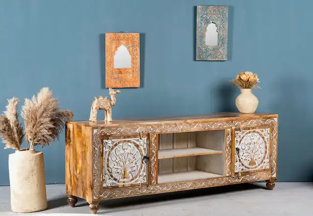 Modern Best Design Hand-carved Distressed Solid mango Wood White TV Bench Cabinet