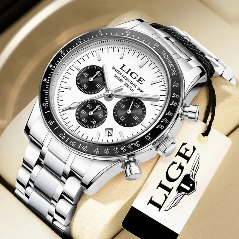 LIGE-reloj analógico de acero inoxidable para hombre, accesorio de pulsera de cuarzo resistente al agua con cronógrafo, complemento masculino de