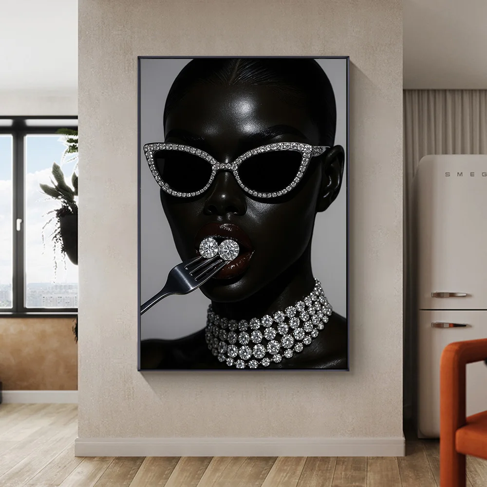 1pc Unframed Black Woman Diamonds Afrocentric Fashion Canvas Boho Luxury African Girl Trend Urban Wall Art Print Painting