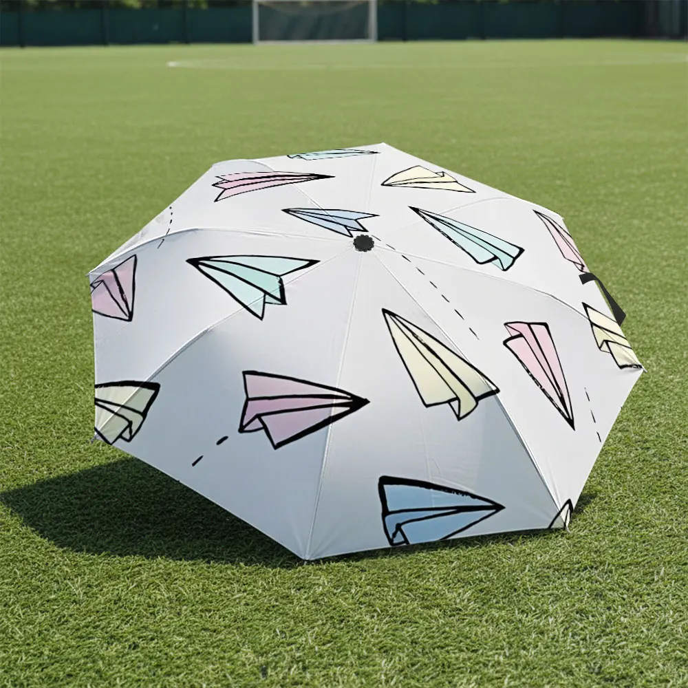 1P C Colorful Paper Plane Umbrella in Front of a White Building Print 8 Iron Ribs Folding Umbrella Auto-Open Fashion Sunshade