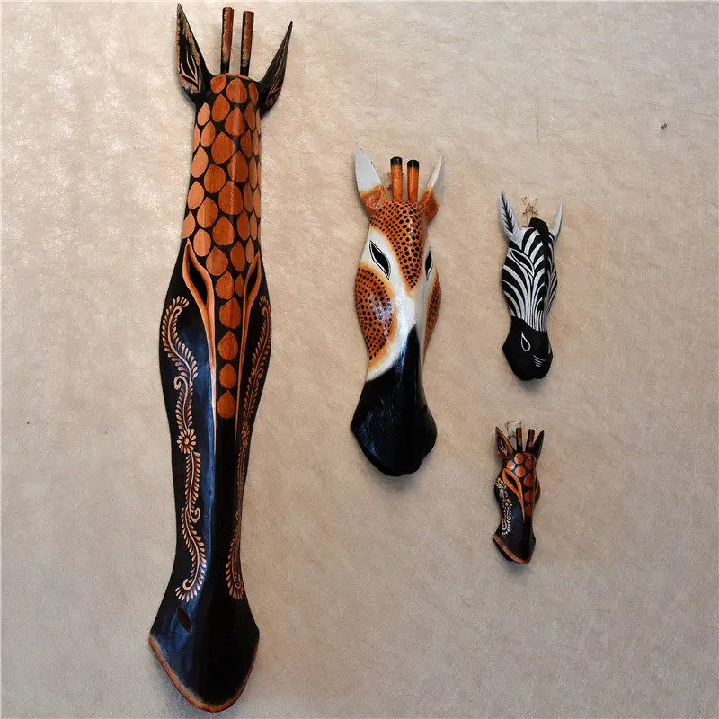Figurine Sculpture Vintage Wood Carving Wall Hanging Bali Mask Giraffe Zebra Handmade Painted Art Craft Bar  Home Wall Decor