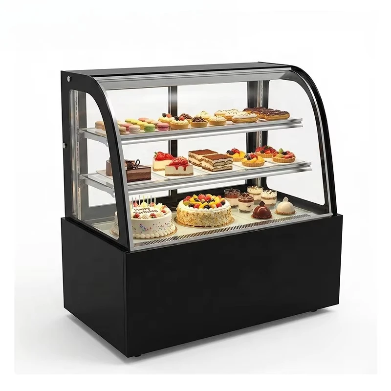 Three-layer curved glass commercial cake display cabinet, refrigerator with defrosting function, black floor-to-ceiling cake