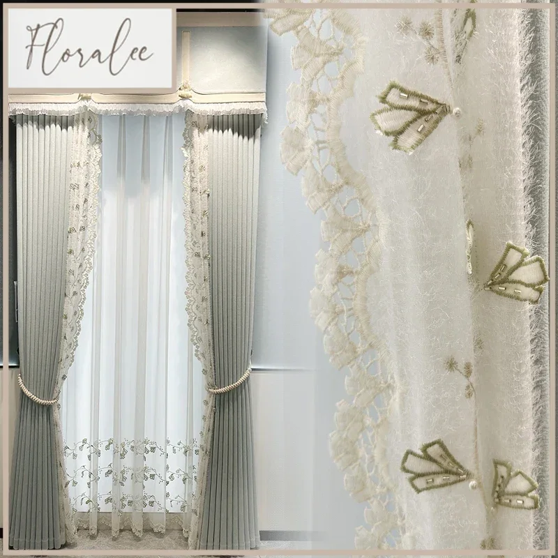

New Light Blue Embroidered Window Screen Spliced Jacquard Chenille Curtains For Living Room Bedroom Balcony Custom Valance