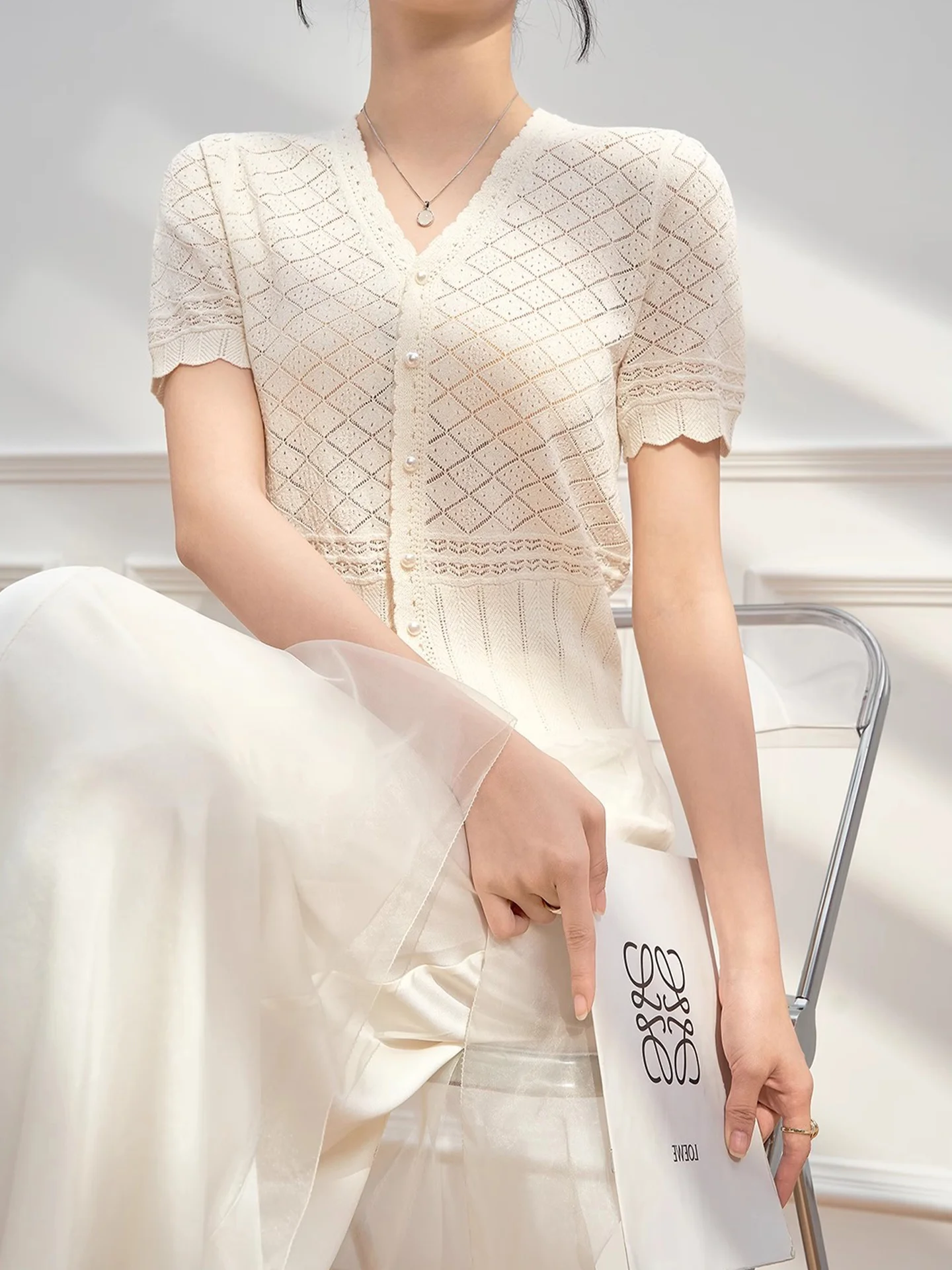 تخفيف محبوك الحرير الجليد فضفاض ort Sve V-Ne زر واحد تي شيرت الكورية Sle مستقيم قطع الصيف تريكو غير رسمي