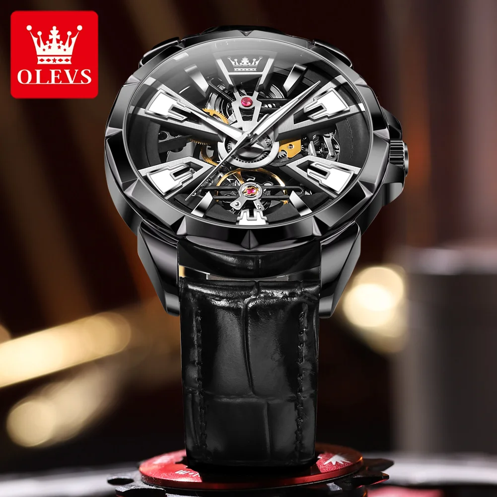 OLEVS Punk Industrial Style Men Wristwatch Full Hollow Tourbillon Dial Automatic Mechanical Black Case Leather Strap Watch