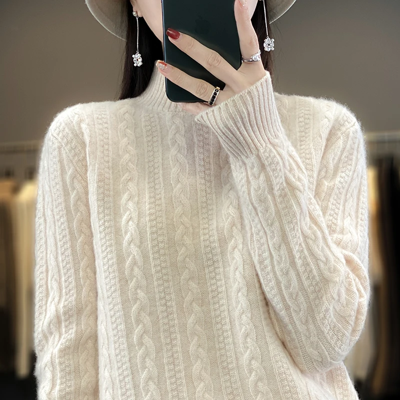 

100% Merino Wool Autumn Winter Comfortable Solid Color Sweater Half-turtleneck Pullover Cashmere Long Sleeves Clothing Top