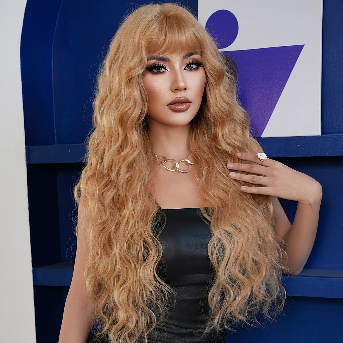 Long Water Wave Golden Wig for Women High Density Synthetic Heat Resistant Wavy Wigs with Neat Bangs Beginner Friendly 31.49Inch