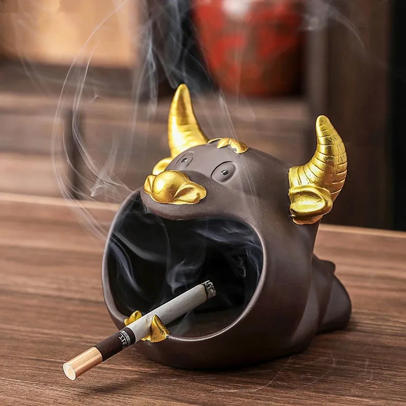 Ceramic Golden Horn Bull Ashtray Frosted Cartoon Animal Large-capacity Windproof Car Office Home Decoration New