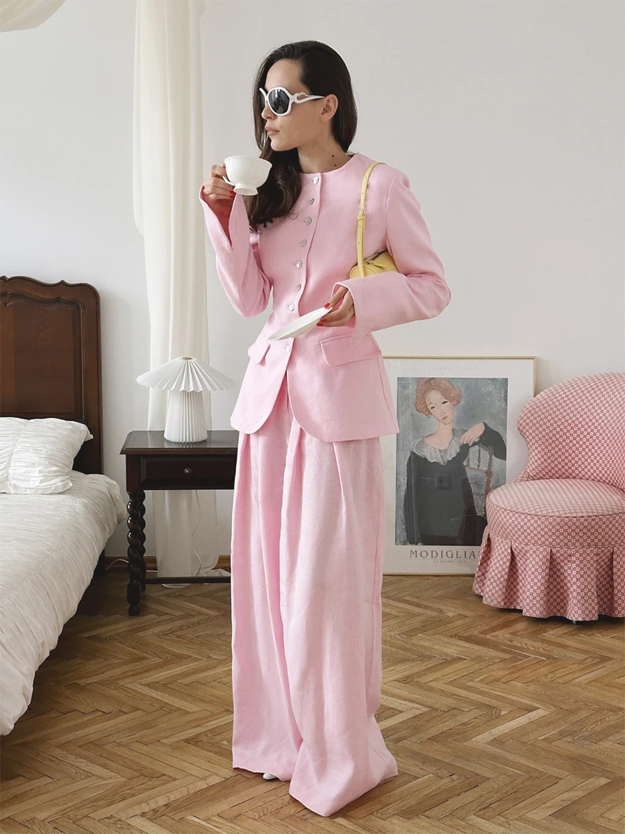 Bornladies Women's Elegant Two-piece Round Neck Button Design Long Sleeved Top and Pants Set Suitable for Office Commuting Wear