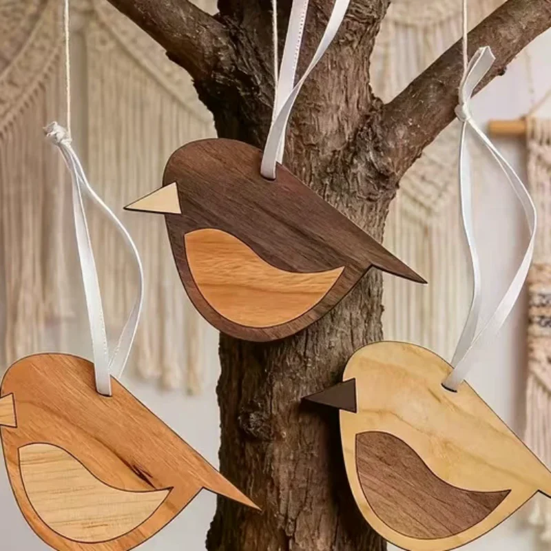 1/3pcs Wooden Bird Hanging Decorations Artificial Wood Home Decor Vintage Style Hanging With Rope Design Pendant Bohemian Style