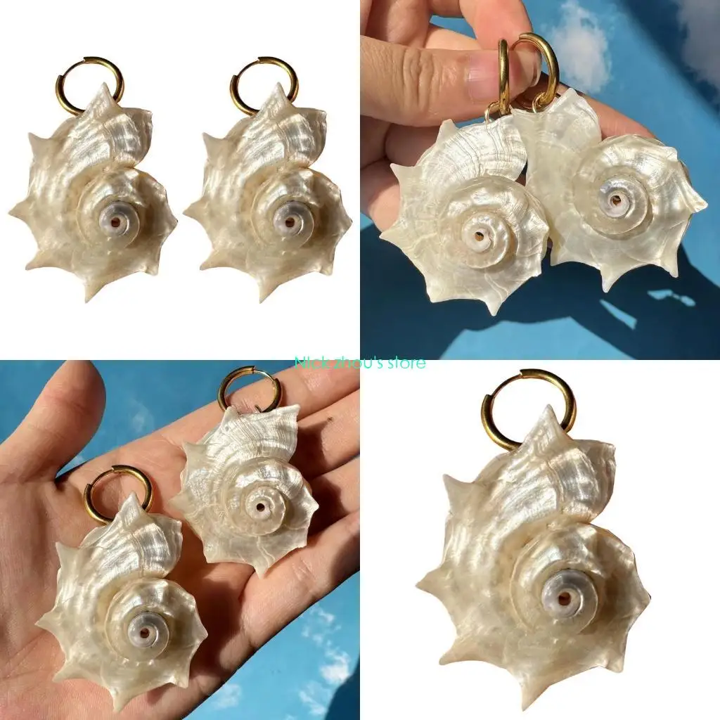 

E15E Artisanal Crafted Spiny Seashells Earrings Ergonomic Hoops Beach Party Jewelry Gift