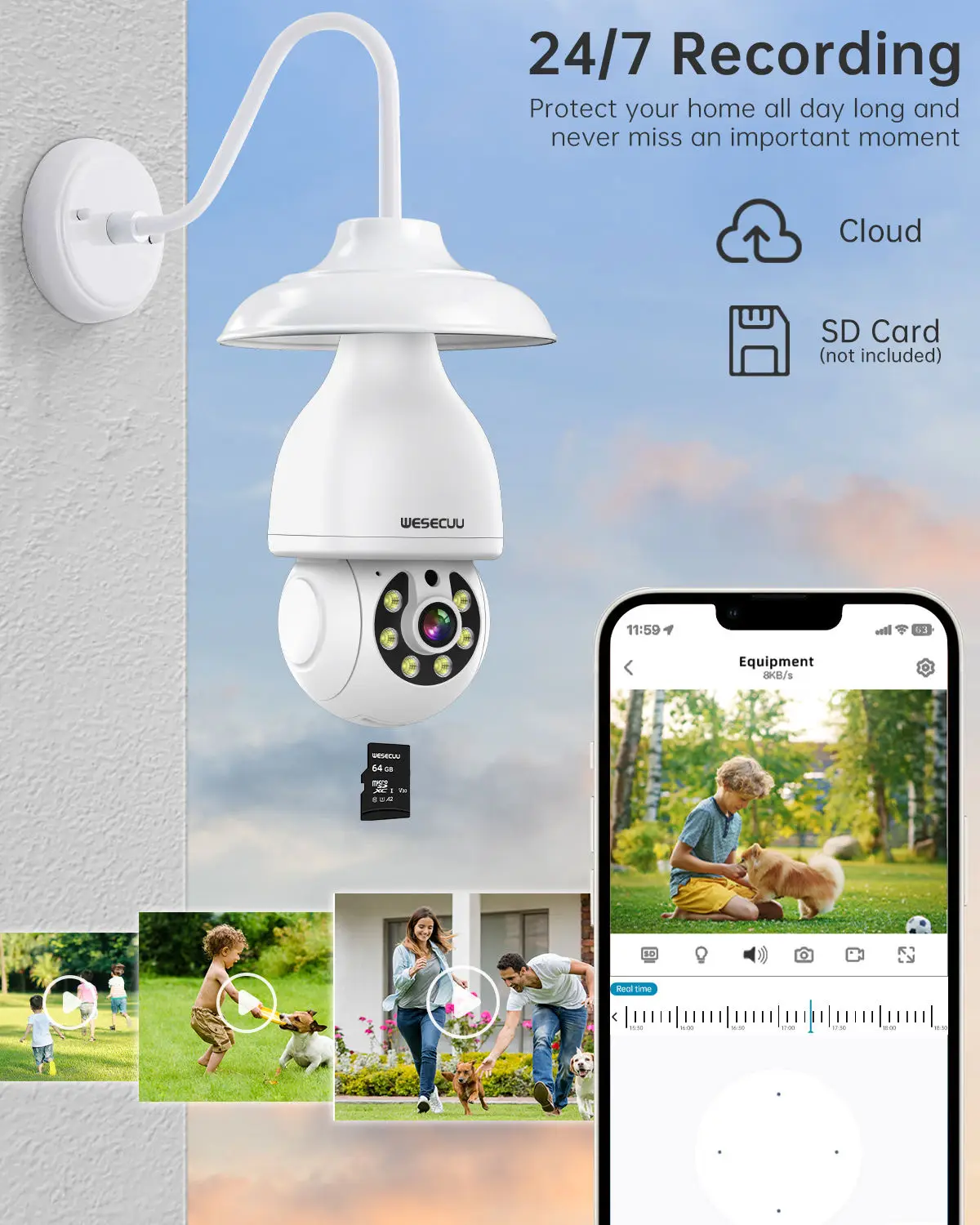 WESECUU Outdoor Indoor Lightbulb 3MP PTZ Bulb Camera Night Vision Surveillance Security Video Smart Alarm Cameras For Home 360