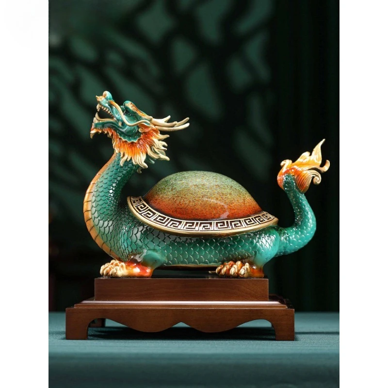 Brass lacquer dragon turtle ornament office Chinese home living room entrance