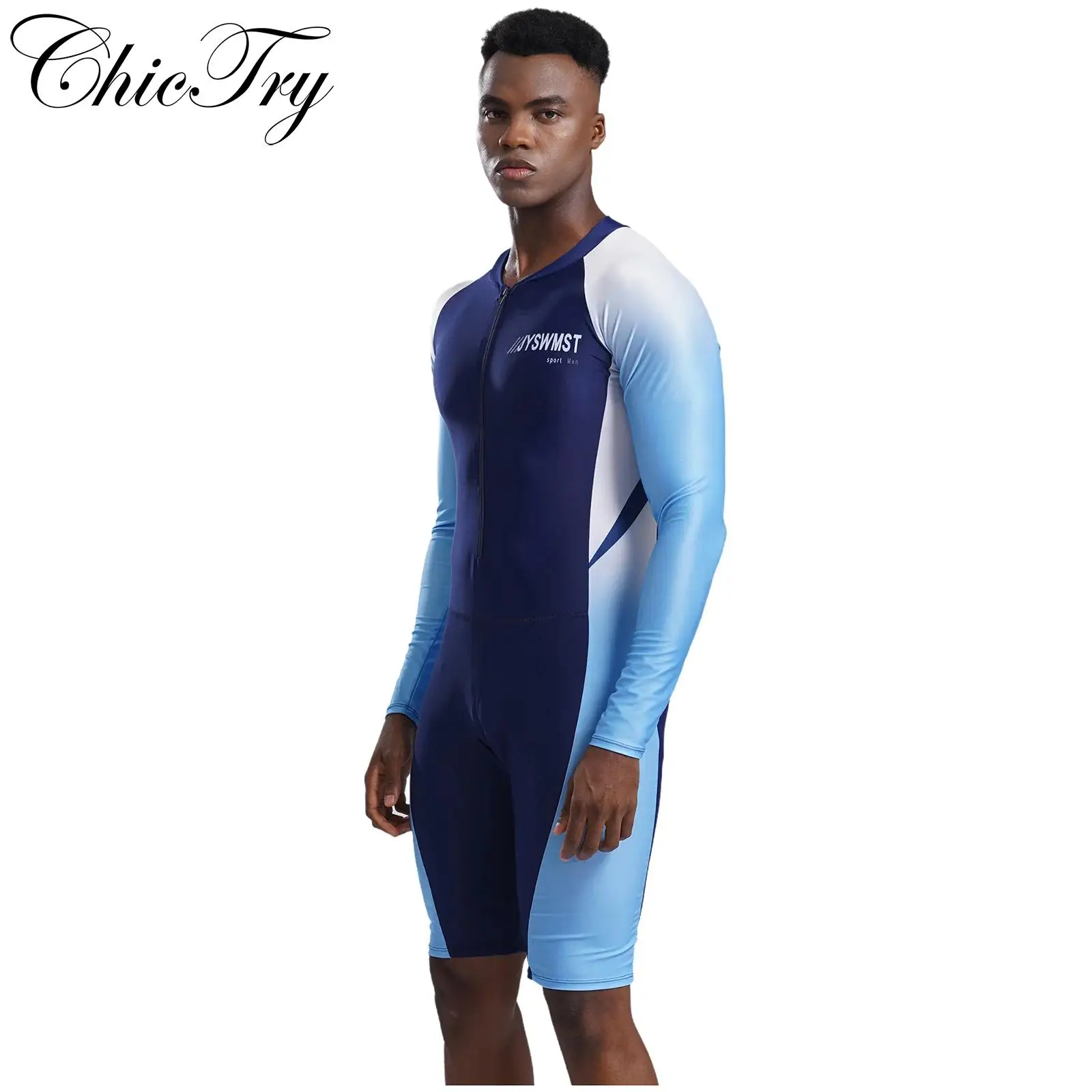 

Mens One Piece Swimsuit Swimwear Beachwear Long Sleeve Swim Leotard Front Zipper Swimming Suit Compressible Cycling Speedsuit