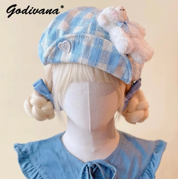 Originele Handgemaakte Kleine Apple Snoep Geborduurde Geruite Baret Nieuwe Vrouwen Lolita Caps Hoeden Meisjes Cos Baretten