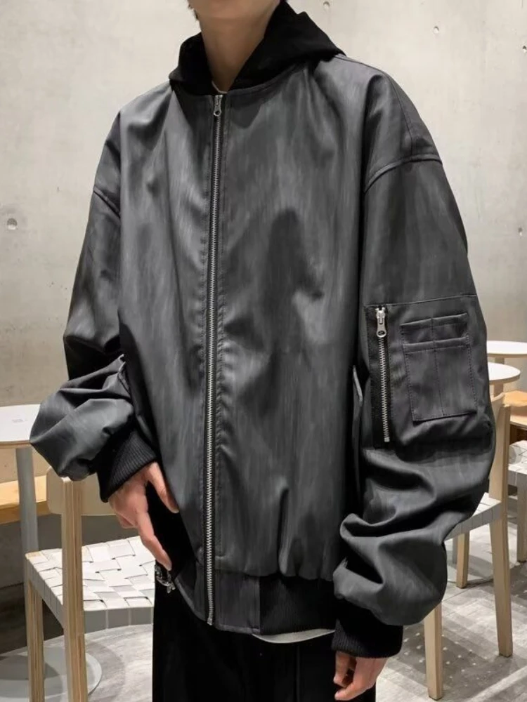 New Men's Autumn Hooded Jacket Loose Fit Leather Coat with Double Layer Trendy Badass Streetwear Jacket for Teenagers Young Men
