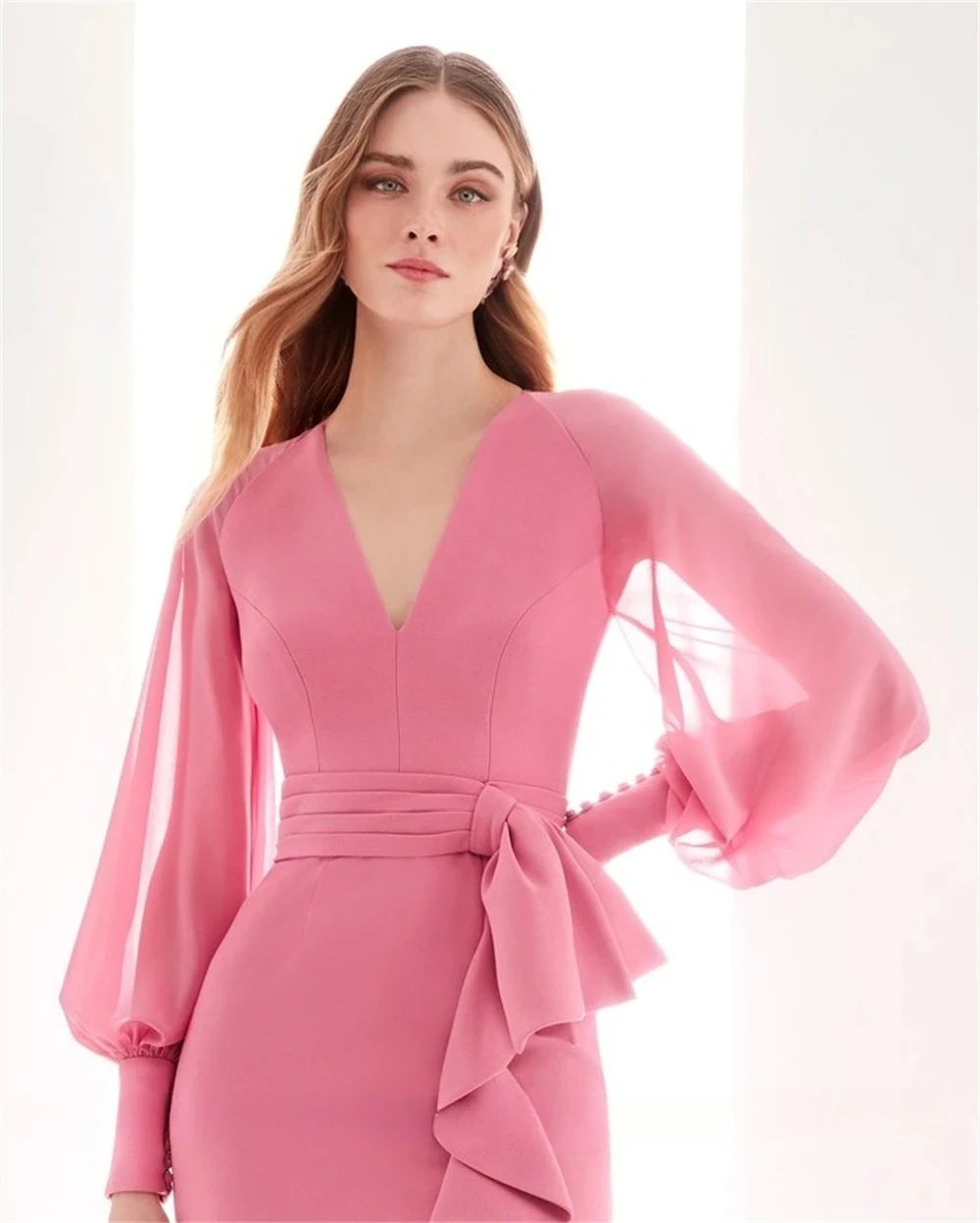 Customized Customized Mermaid Simple Pink Jersey Evening Dress Elegant V-Neck Long Sleeves Homecoming Dresses Classic Special Oc