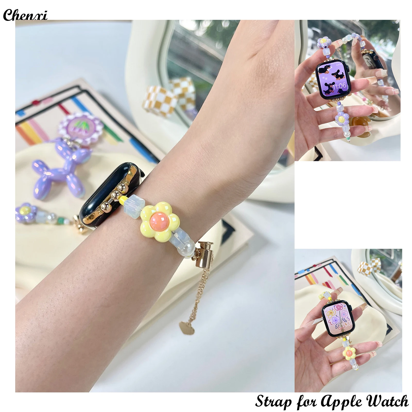 

Metal strap for Apple watch Flower Accessory bracelet chain for iwatch87654321SE38 40 41 42 44 45 49MM women pearl love wrist