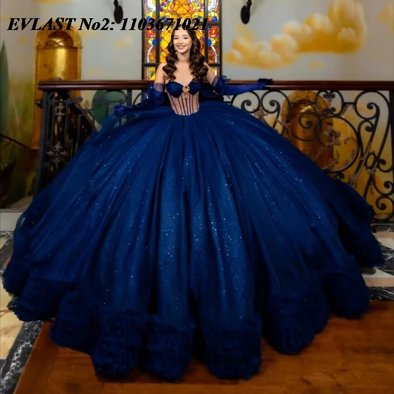 EVLAST personnalisé brillant bleu marine Quinceanera robe épaules nues paillettes appliques perles doux 16 robes De 15 Anos E2QA10
