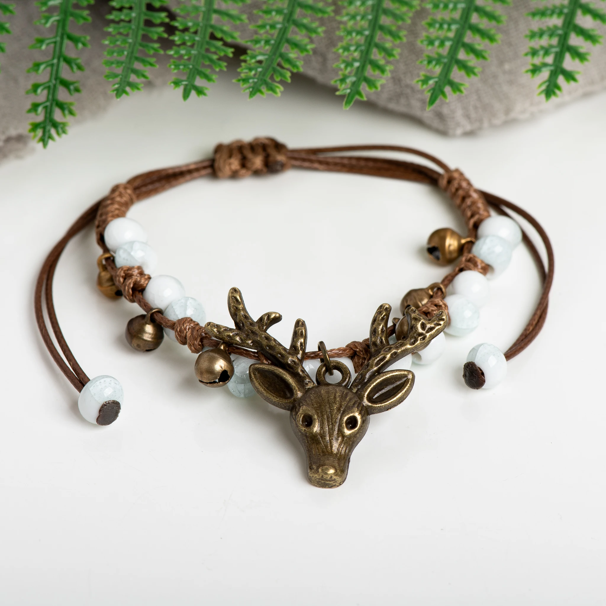 Adjustable Deer Head Ceramic Bracelet Vintage Crackle White Beads Handmade Wax Cord Jewelry pulseras en pareja 168