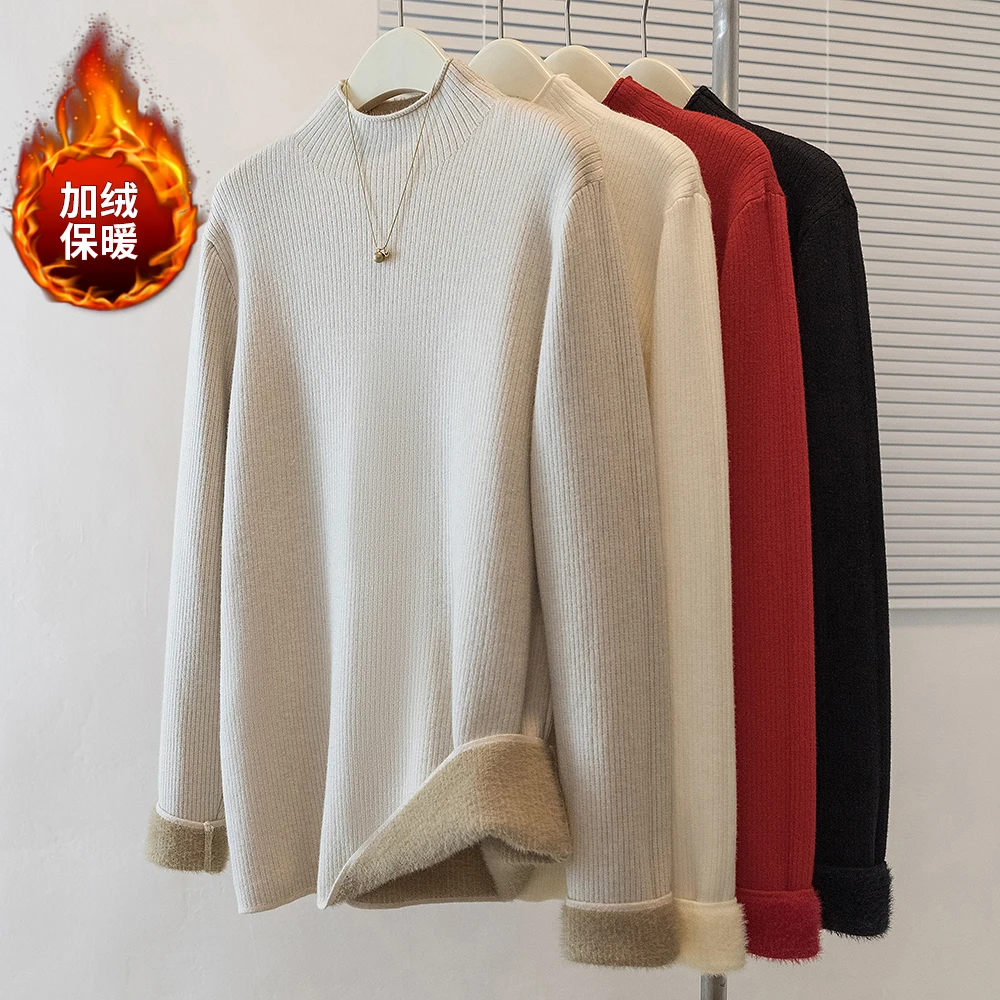 

Women's Turtleneck Sweater Winter 2025 Retro Red with Velvet Lining Thickened Inner Wear Thermal Knitting Bottoming Shirt