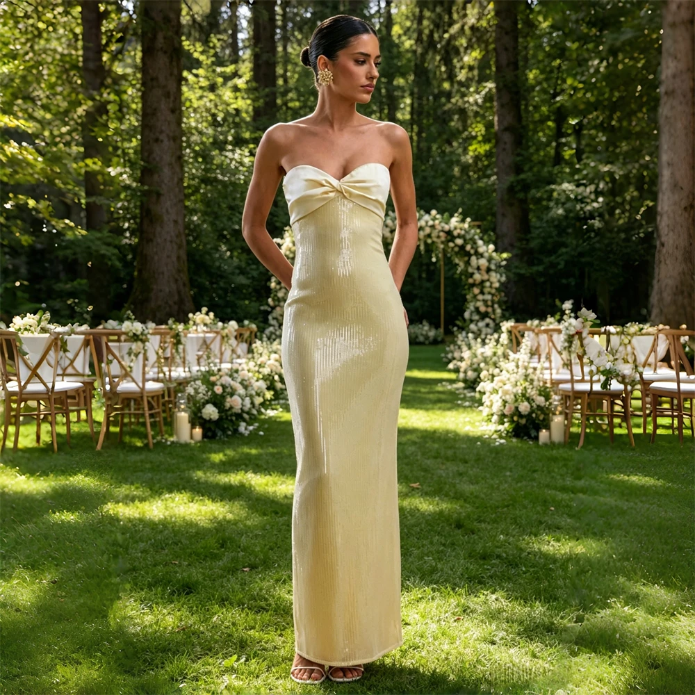 

Lemon Sequin Bandeau Maxi Dress with Scarf Elegant Strapless Mermaid Evening Party Gown Bridesmaid Formal Wedding Guest Dress