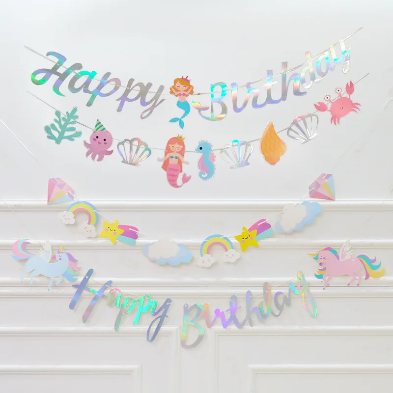 

NEW 1set Unicorn Colorful Letter Flag Lovely Mermaid Flag Paper Happy Birthday Children's Decorative Background Supplies