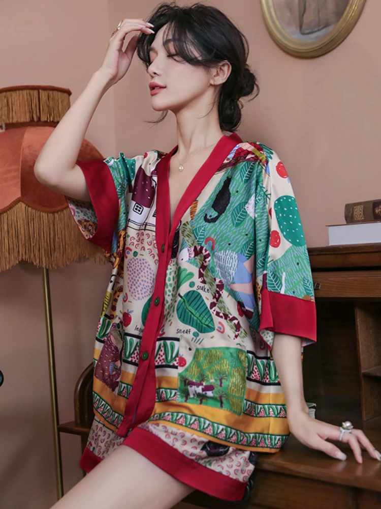 Sexy Ice Silk Pajamas Suit Women Summer New High Quality Fashion New Printed Top Cardigan+shorts Casual Home Clothes Outer Wear