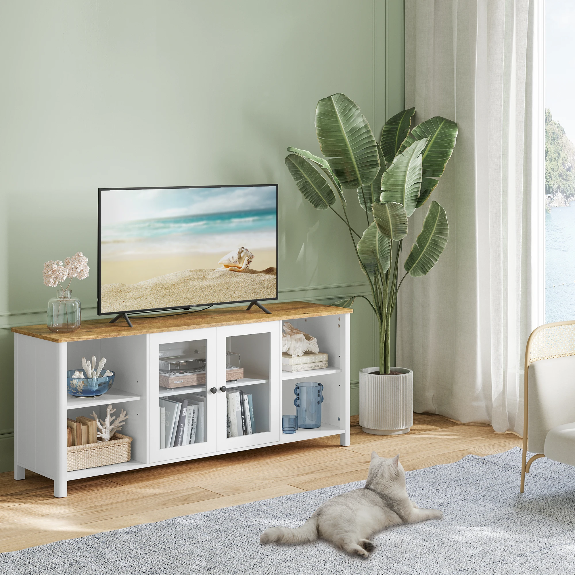 VASAGLE TV Stand for TVs up to 65 Inches, TV Cabinet with Open Shelves and Closed Cabinet, Glass Doors, TV Table