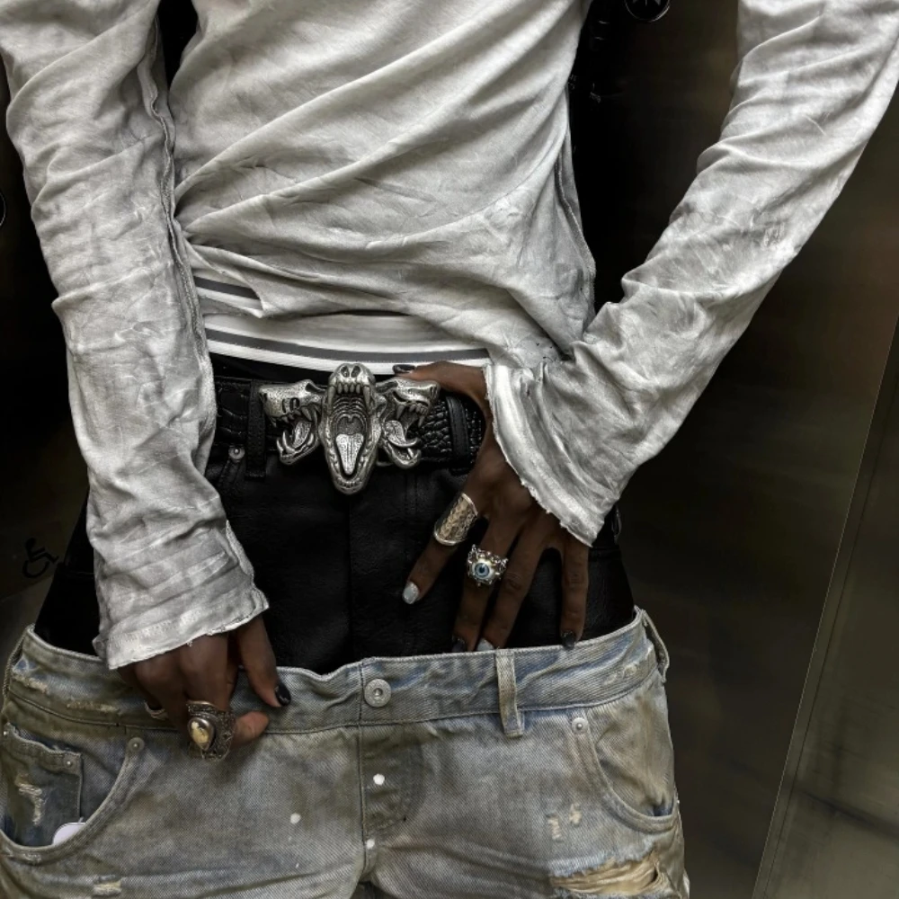 Retro Crocodile Pattern Metal Animal Head Belt Goth Punk Dark Style Cool Men Belt Party Performance Street Waist Belt