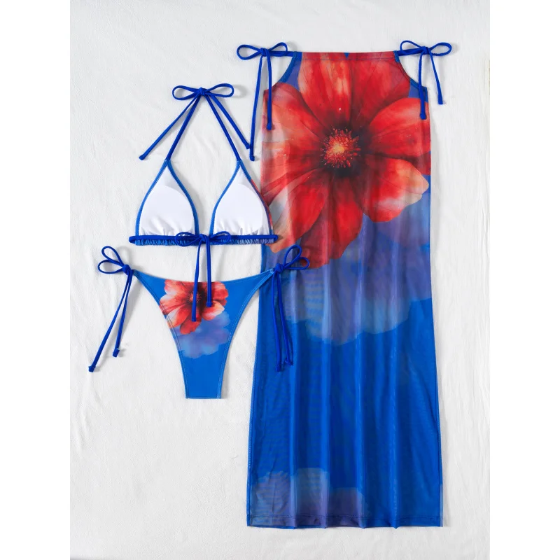 2025Hot-Selling Three-Piece Set Halter Neck Sexy Positioning Printed Long Skirt Bikini Swimsuit for Women