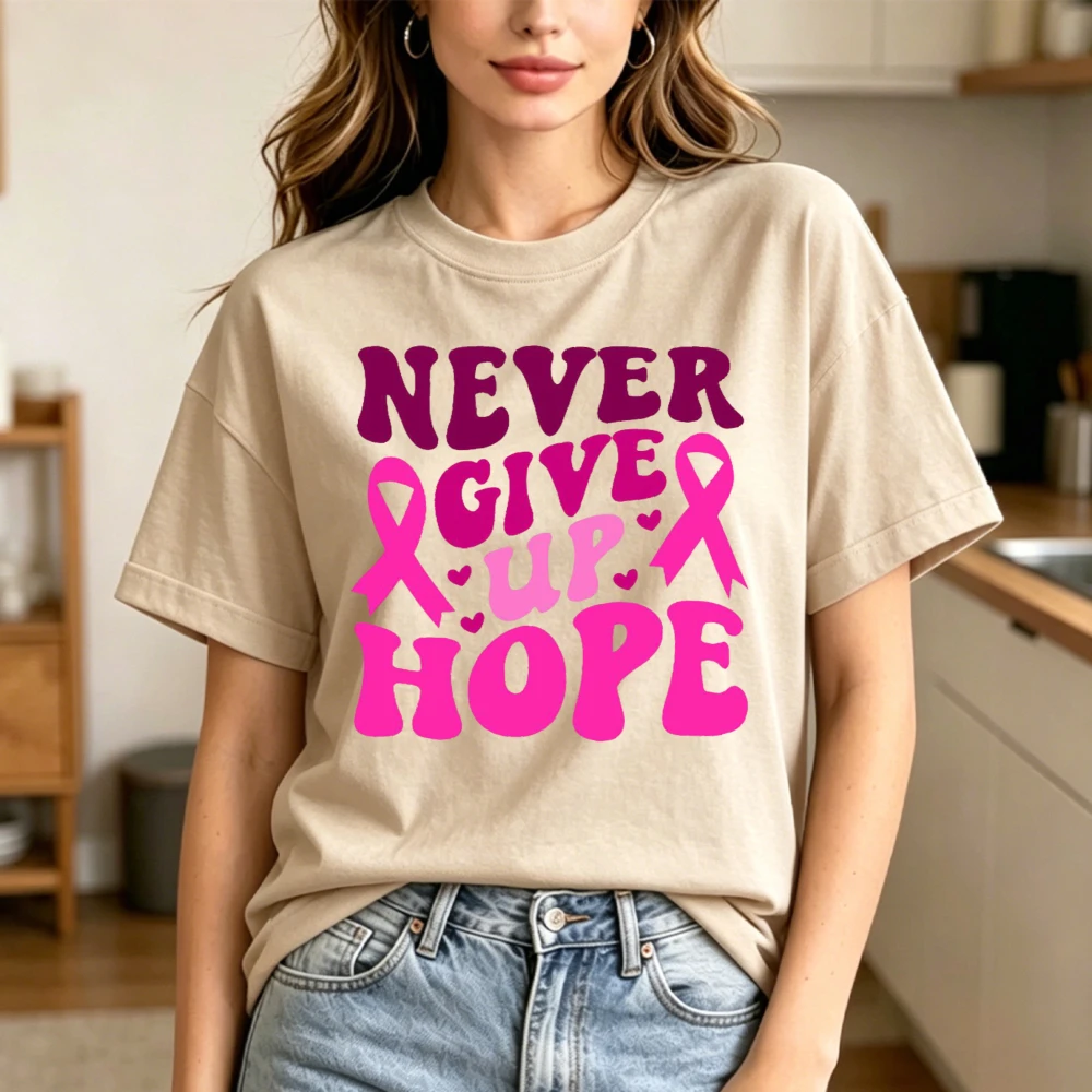 Never Give Up Hope Pink Ribbon Heart Graphic Women Summer Cotton T Shirt Breast Cancer Positive Inspirational Short Sleeve Top