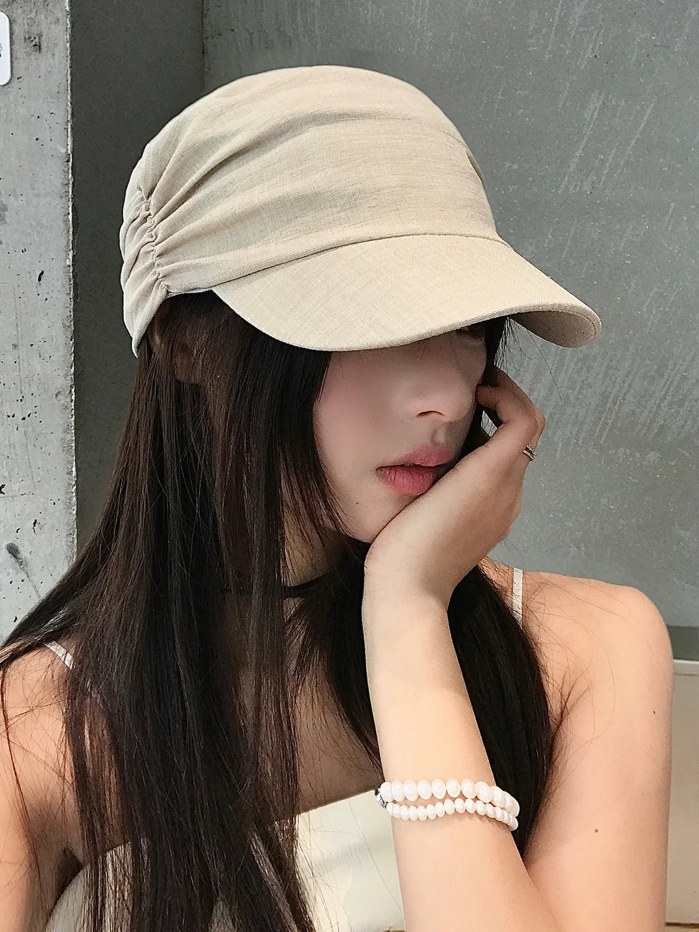 Retro Japanese Style Pleated Lin Flat Top Beret Hat Equestrian Cap Women Spring Summer Thin High-End Feeling Duckbill Hat