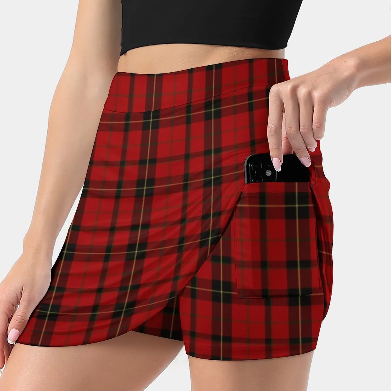 Red Black And Yellow | Clan | Scottish Tartan Flannel Plaid Women Tennis Skirts Golf Badminton Pantskirt Sports Phone Pocket