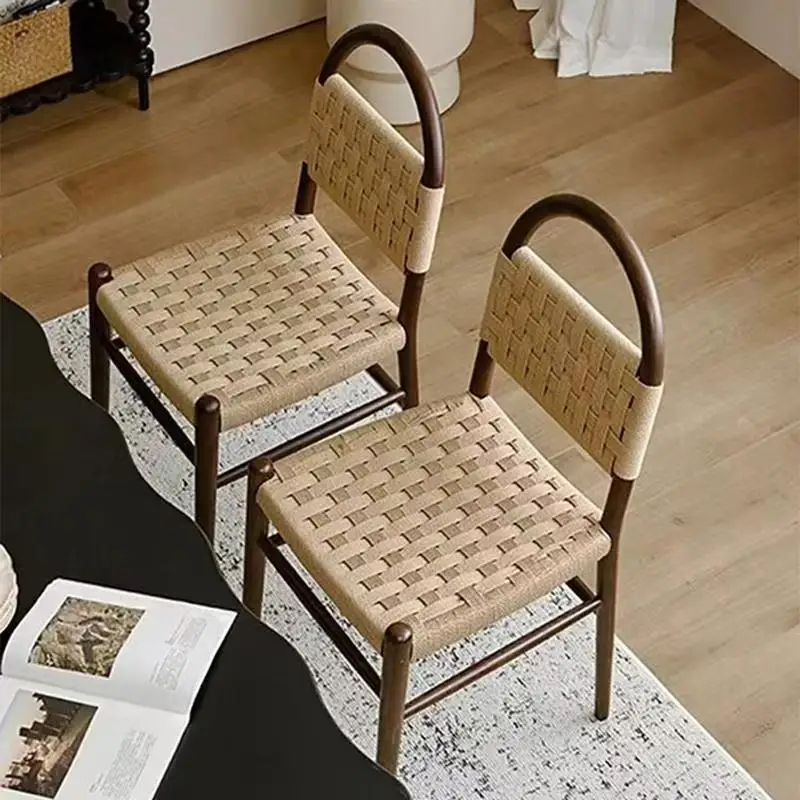 

French Medieval Dining Table and Chair Rope Woven Solid Wood Kitchen Chair Retro Bedroom Home Woven Back Dressing Chair