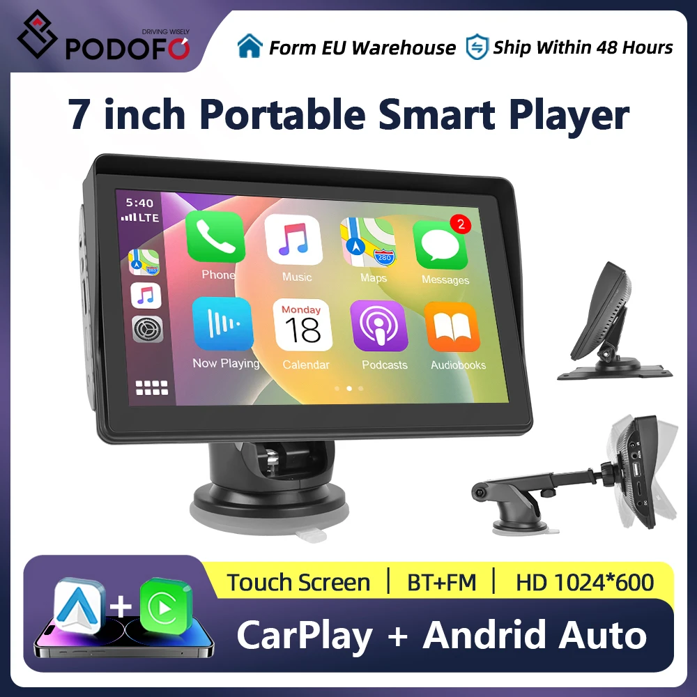 Podofo CarPlay Android Car Radio Multimedia Video Player 7-Inch Portable Touch Screen With USB AUX Support Rear Camera